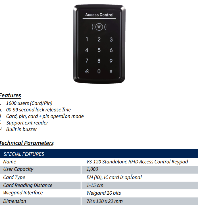 VS-119 /VS-120 Standalone Door access control keypad